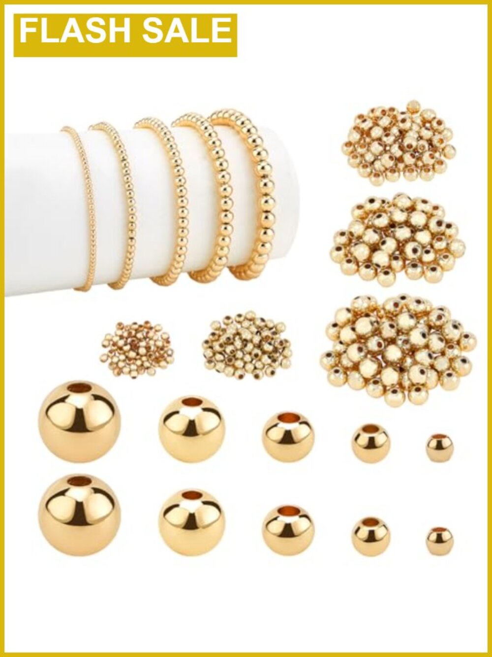 14K Gold Plated Spacer Beads 300pcs 5 Sizes Round Brass Beads for DIY Jewelry